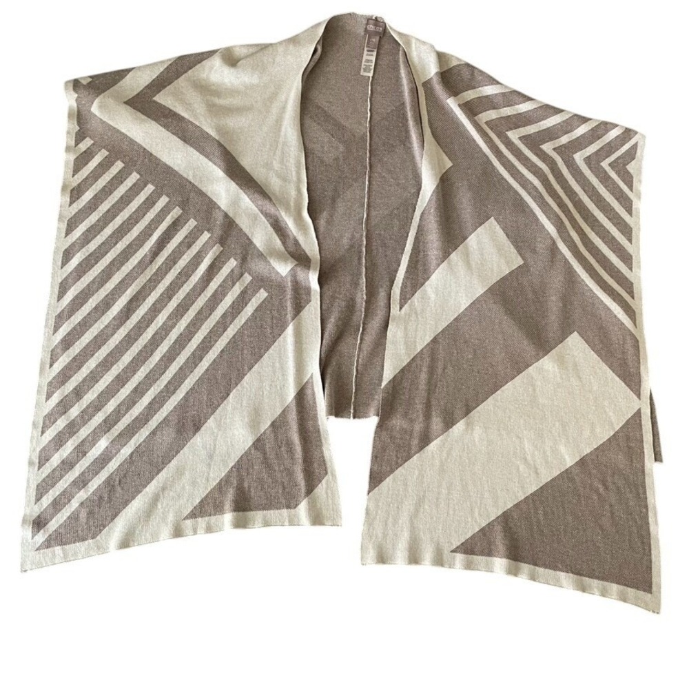 Chico's Brown Tan Cream Geometric Striped Ruana Knit Wrap‎ Poncho One Size